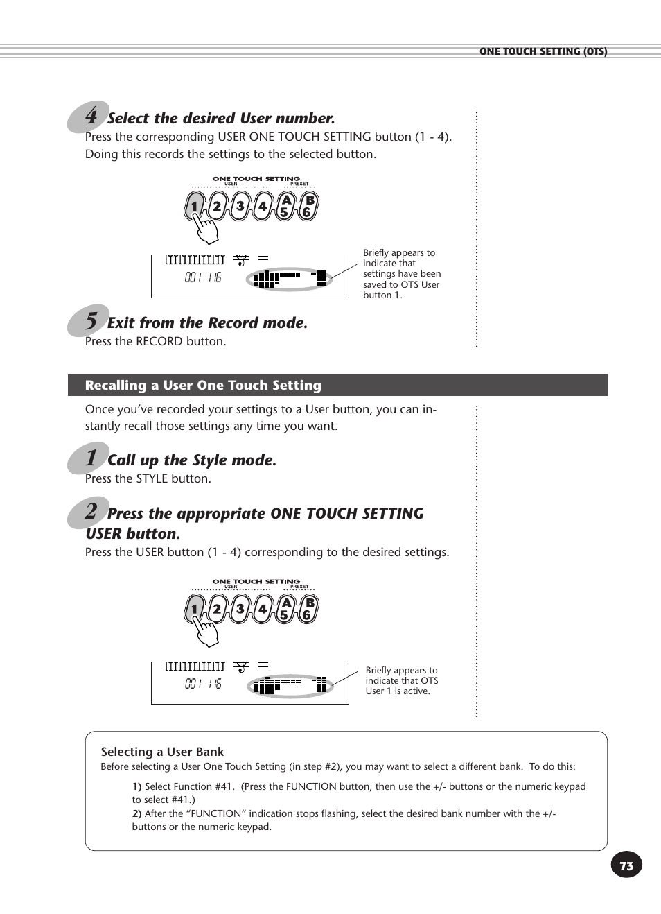 Recalling a user one touch setting, Selecting a user bank, Exit from the record mode | Call up the style mode, Select the desired user number | Yamaha PSR-340 User Manual | Page 73 / 128