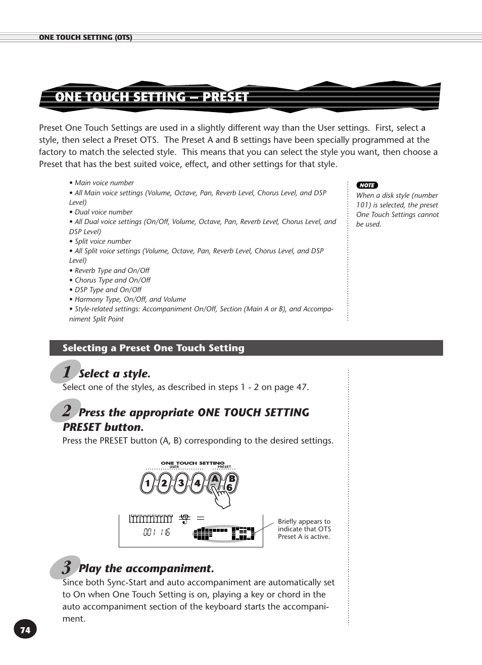 One touch setting — preset, Selecting a preset one touch setting | Yamaha PSR-340 User Manual | Page 74 / 128