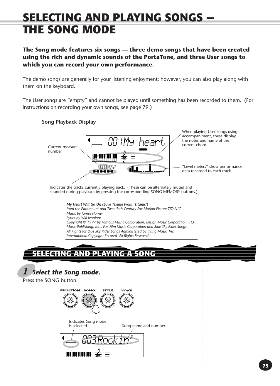 Selecting and playing songs- the song mode, Selecting and playing a song, Selecting and playing songs — the song mode | Rockin, My heart, Select the song mode | Yamaha PSR-340 User Manual | Page 75 / 128