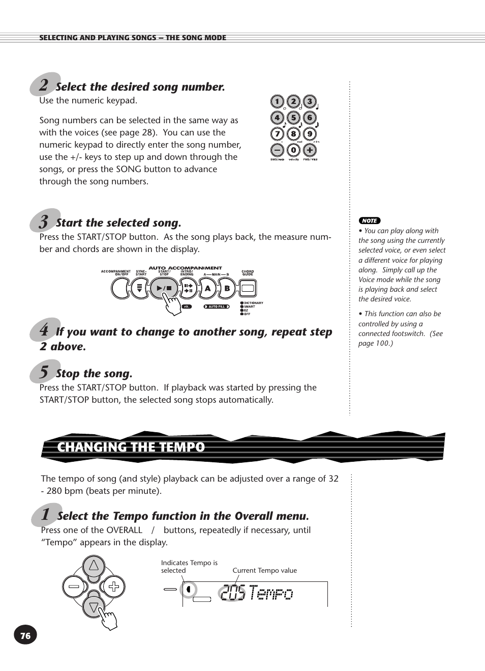 Changing the tempo, Tempo | Yamaha PSR-340 User Manual | Page 76 / 128