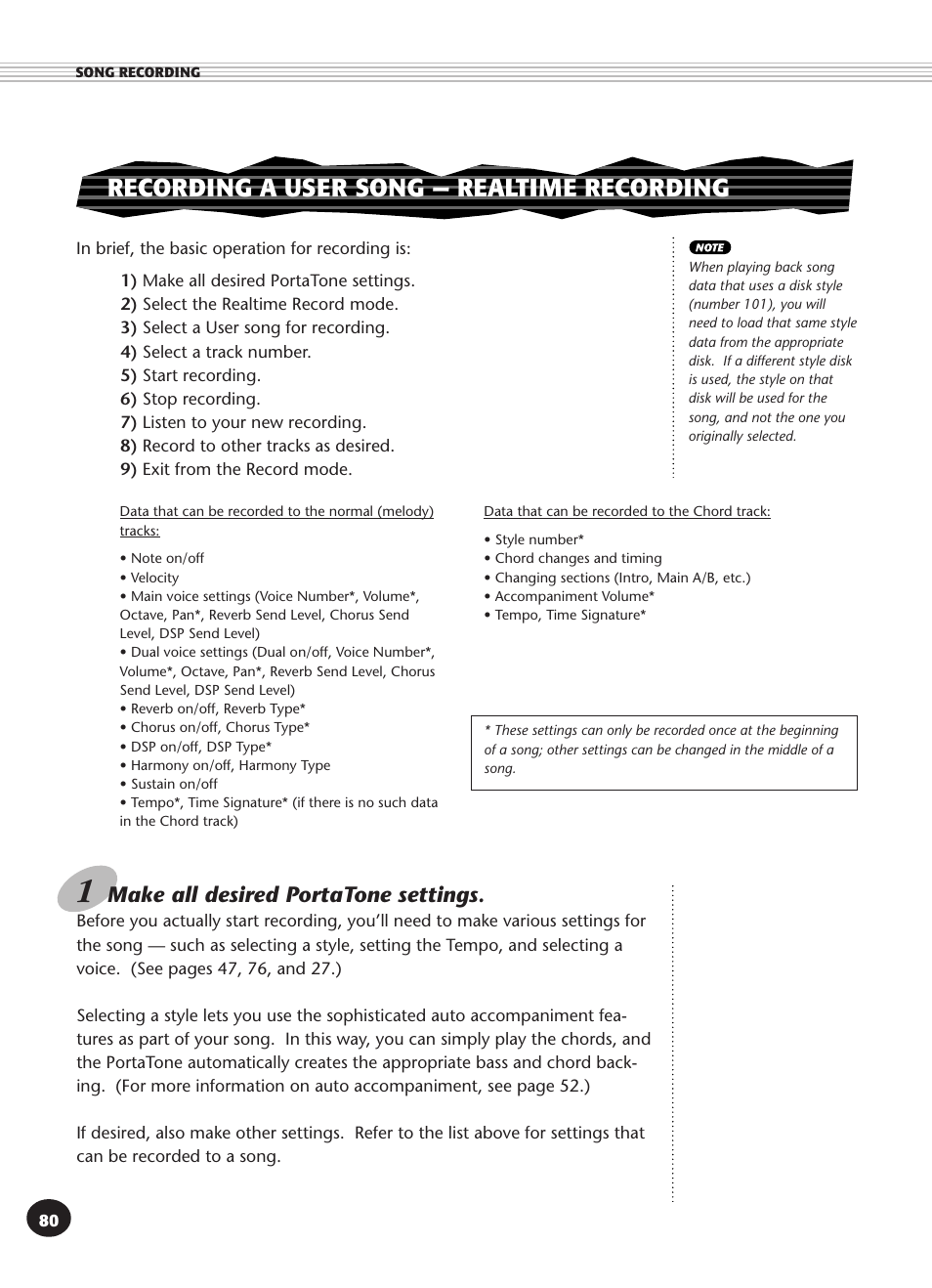 Recording a user song - realtime recording, Recording a user song — realtime recording, Make all desired portatone settings | Yamaha PSR-340 User Manual | Page 80 / 128