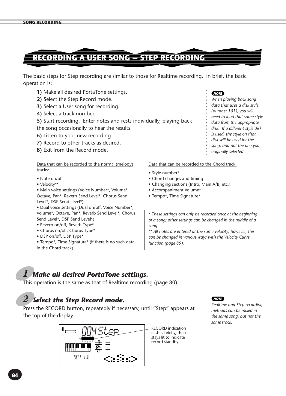 Recording a user song - step recording, Step, Recording a user song — step recording | Select the step record mode, Make all desired portatone settings | Yamaha PSR-340 User Manual | Page 84 / 128