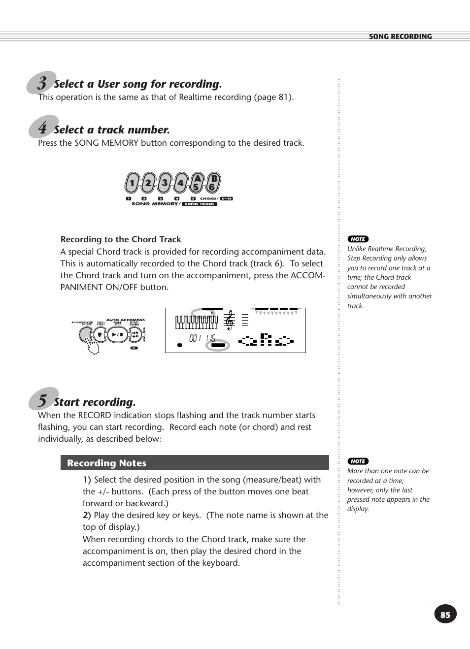 Recording notes, Select a user song for recording, Select a track number | Start recording | Yamaha PSR-340 User Manual | Page 85 / 128