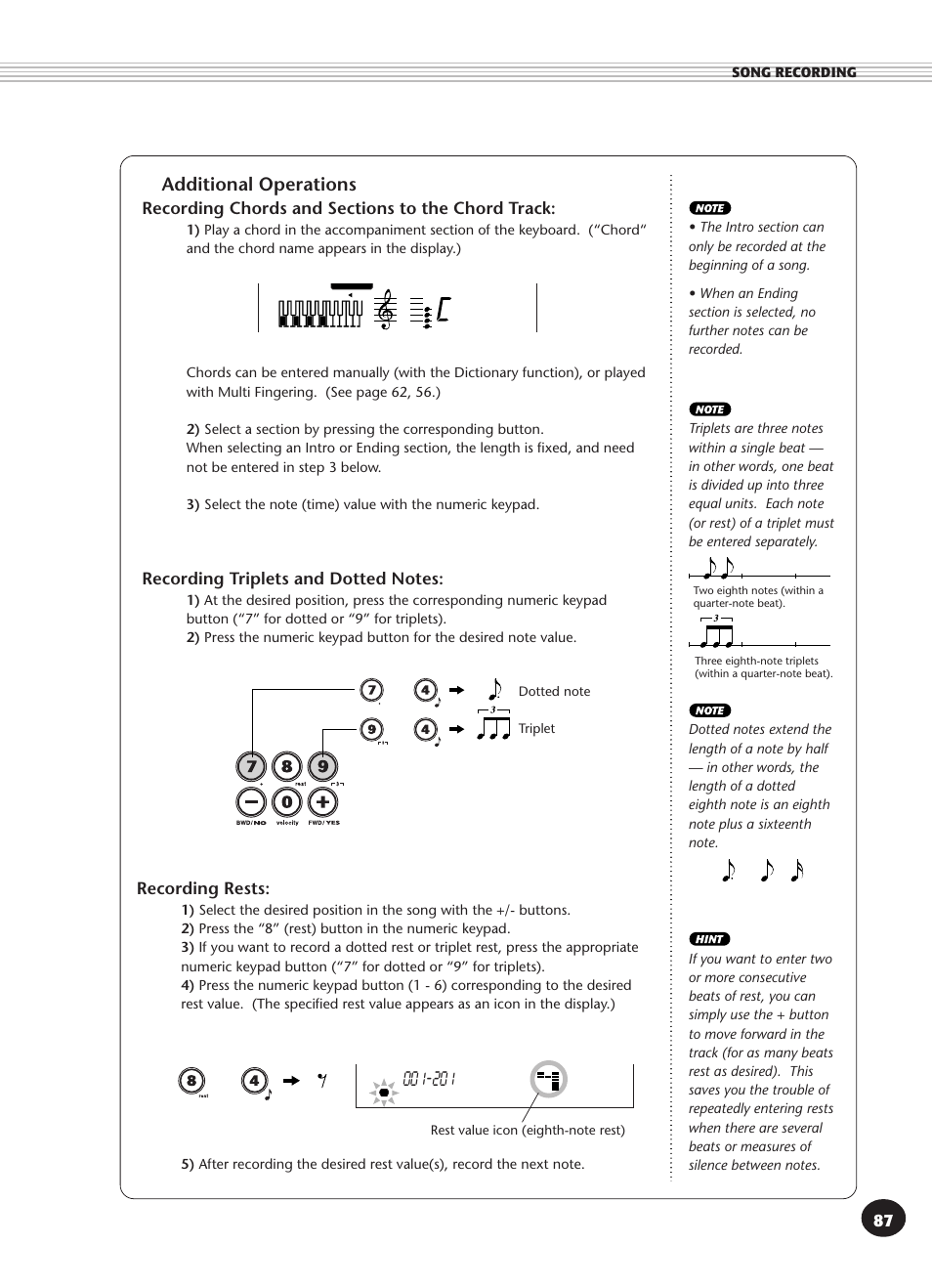 Additional operations, Recording rests | Yamaha PSR-340 User Manual | Page 87 / 128