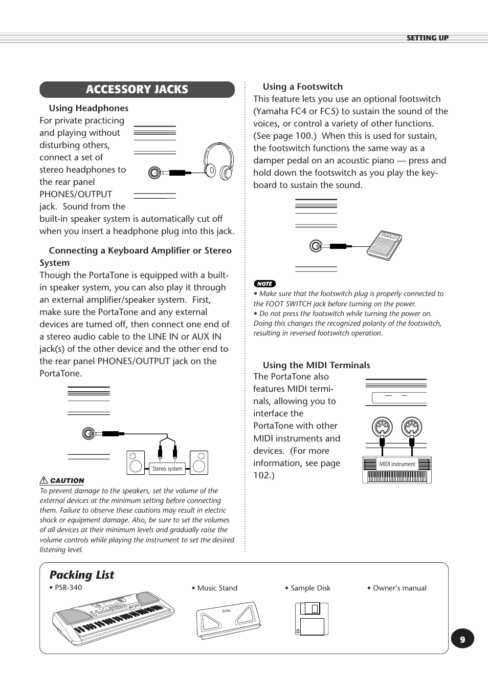 Accessory jacks, Packing list, 9■ using the midi terminals | Yamaha PSR-340 User Manual | Page 9 / 128
