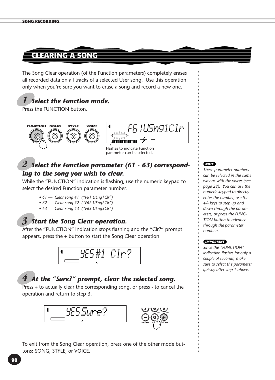 Clearing a song, Yes #1 clr, Usng1clr | Sure | Yamaha PSR-340 User Manual | Page 90 / 128