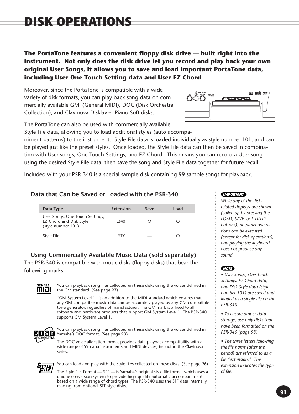 Disk operations, Data that can be saved or loaded with the psr-340 | Yamaha PSR-340 User Manual | Page 91 / 128