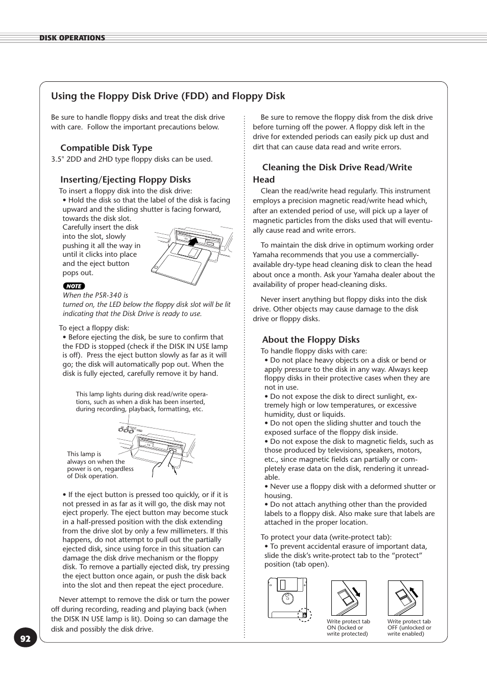 Using the floppy disk drive (fdd) and floppy disk | Yamaha PSR-340 User Manual | Page 92 / 128