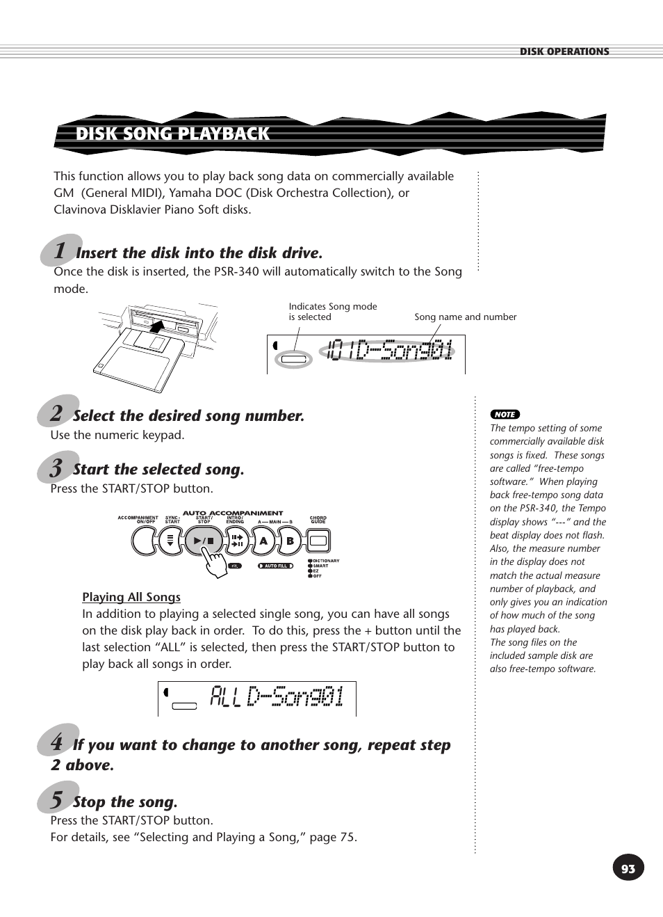 Disk song playback, D-song01 | Yamaha PSR-340 User Manual | Page 93 / 128