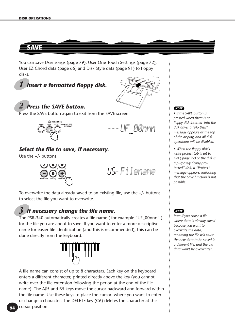 Save, Uf_00nnn usr, Filename | Yamaha PSR-340 User Manual | Page 94 / 128