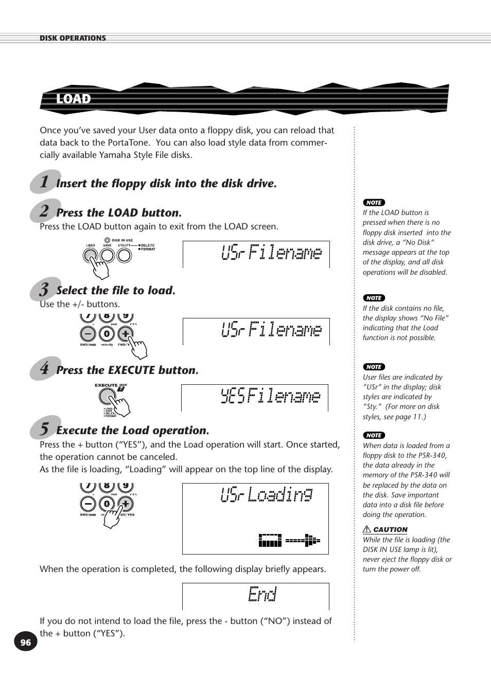 Load, Usr filename yes filename usr filename usr, Loading | Yamaha PSR-340 User Manual | Page 96 / 128