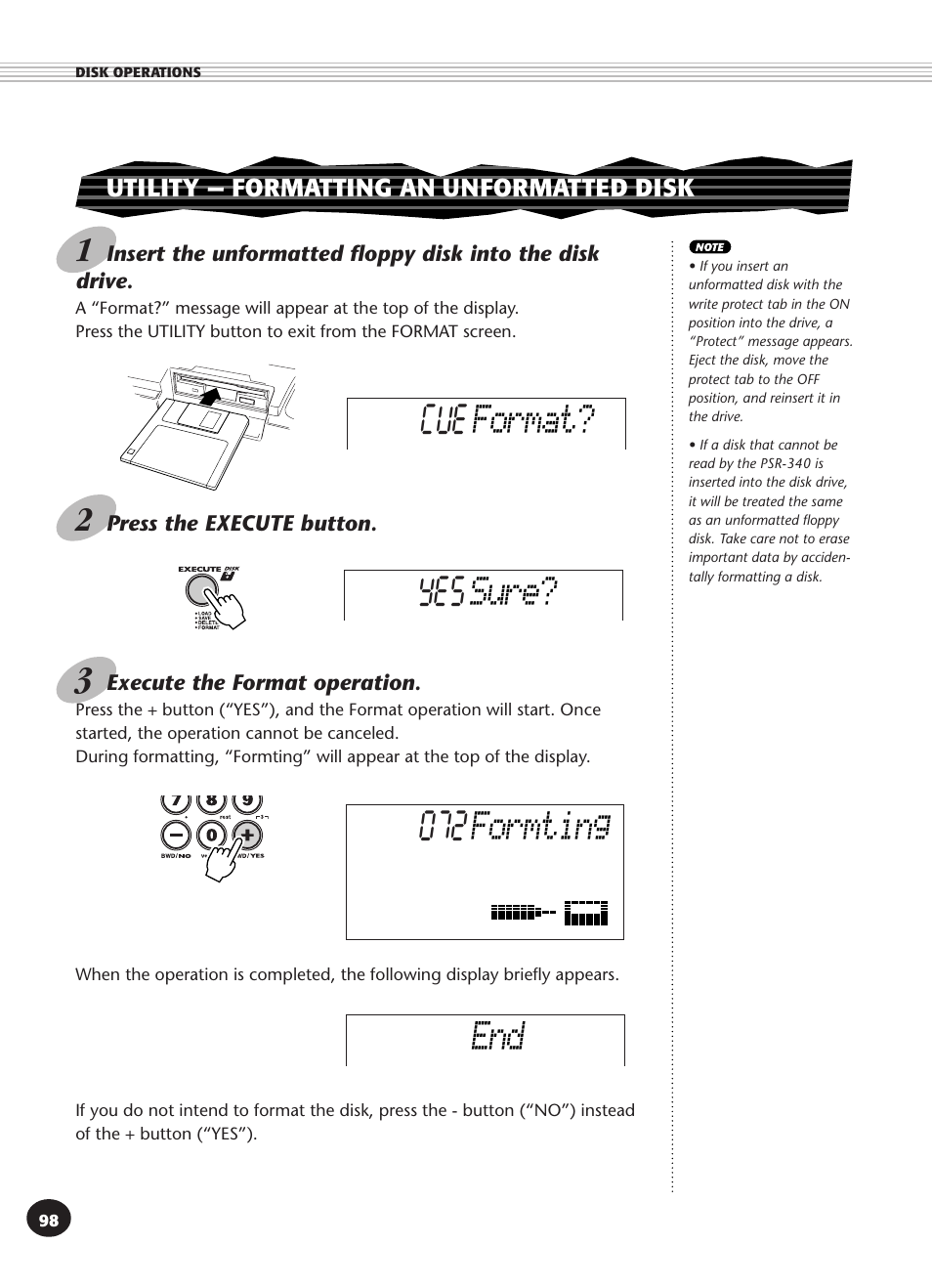 Utility - formatting an unformatted disk, Format, Sure | Formting | Yamaha PSR-340 User Manual | Page 98 / 128