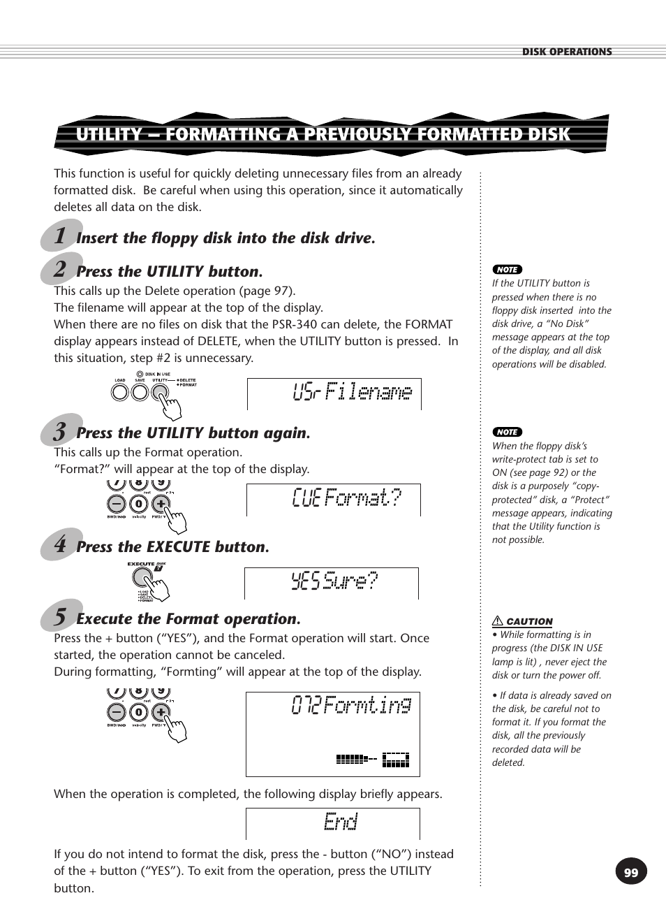 Utility - formatting a previously formatted disk | Yamaha PSR-340 User Manual | Page 99 / 128