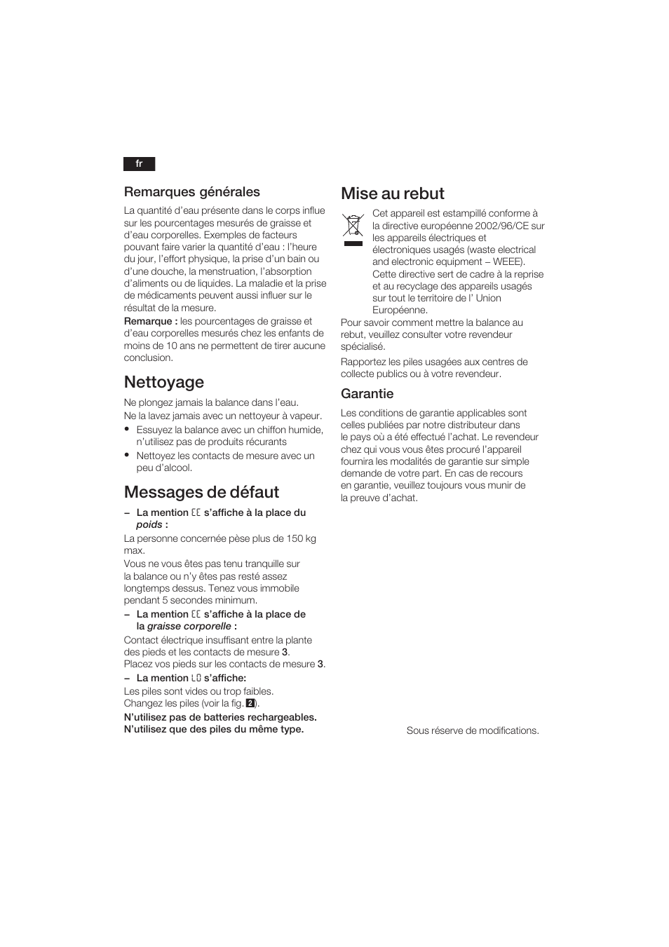 Nettoyage, Messages de défaut, Mise au rebut | 12 remarques générales, Garantie | Bosch PPW3120 Analysewaage elektronisch axxence easy coach User Manual | Page 13 / 77