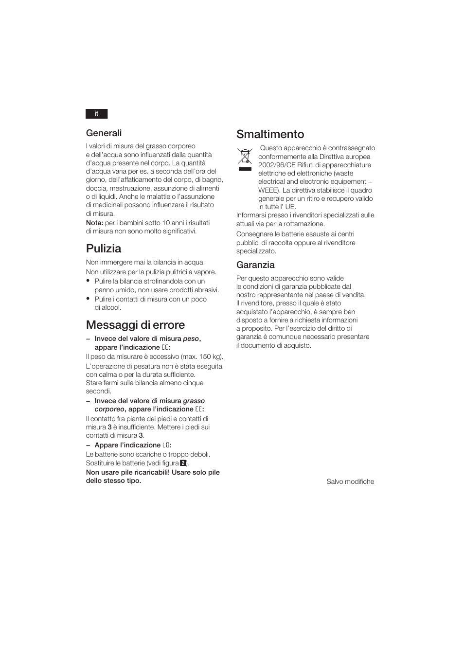 Pulizia, Messaggi di errore, Smaltimento | 16 generali, Garanzia | Bosch PPW3120 Analysewaage elektronisch axxence easy coach User Manual | Page 17 / 77