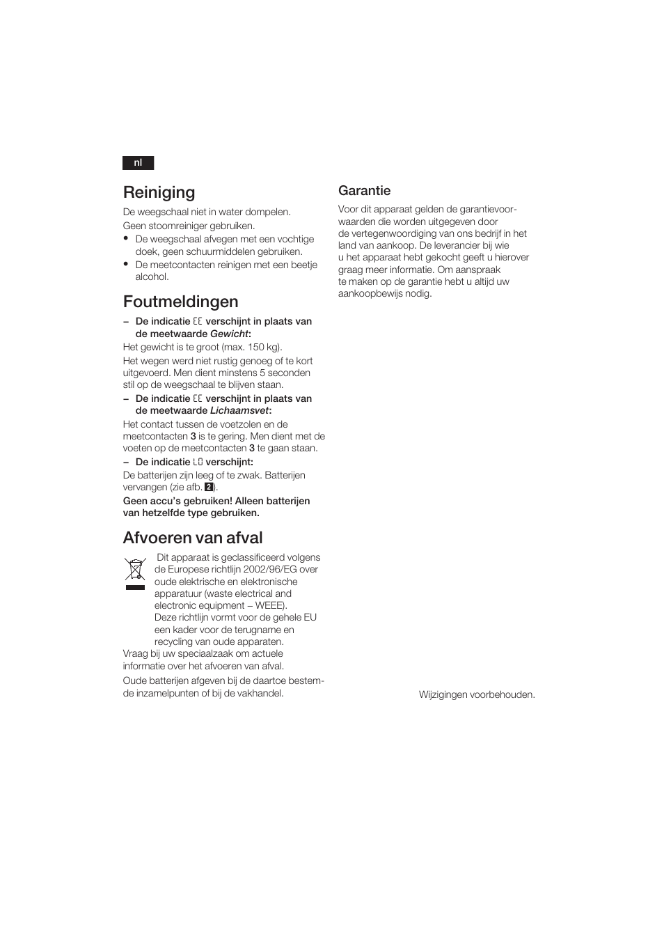 Reiniging, Foutmeldingen, Afvoeren van afval | Garantie | Bosch PPW3120 Analysewaage elektronisch axxence easy coach User Manual | Page 21 / 77