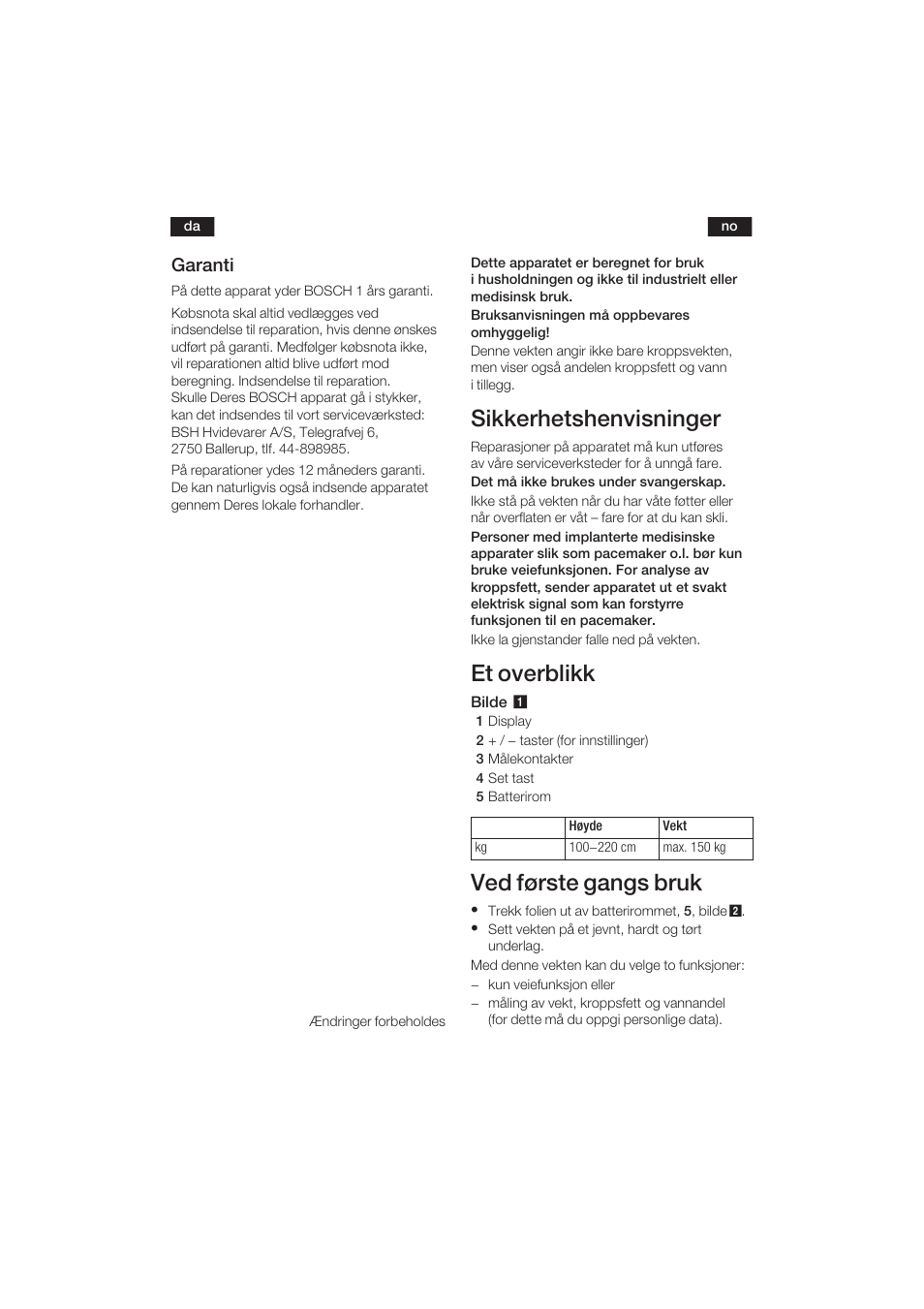 Sikkerhetshenvisninger, Et overblikk, Ved første gangs bruk | 24 garanti | Bosch PPW3120 Analysewaage elektronisch axxence easy coach User Manual | Page 25 / 77