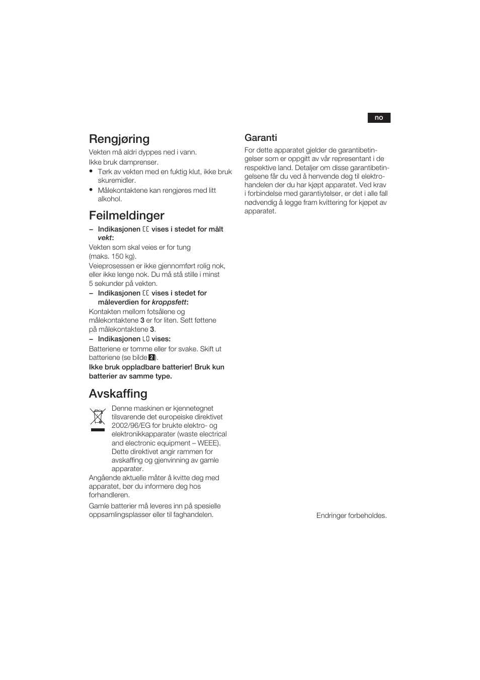 Rengjøring, Feilmeldinger, Avskaffing | Garanti | Bosch PPW3120 Analysewaage elektronisch axxence easy coach User Manual | Page 28 / 77