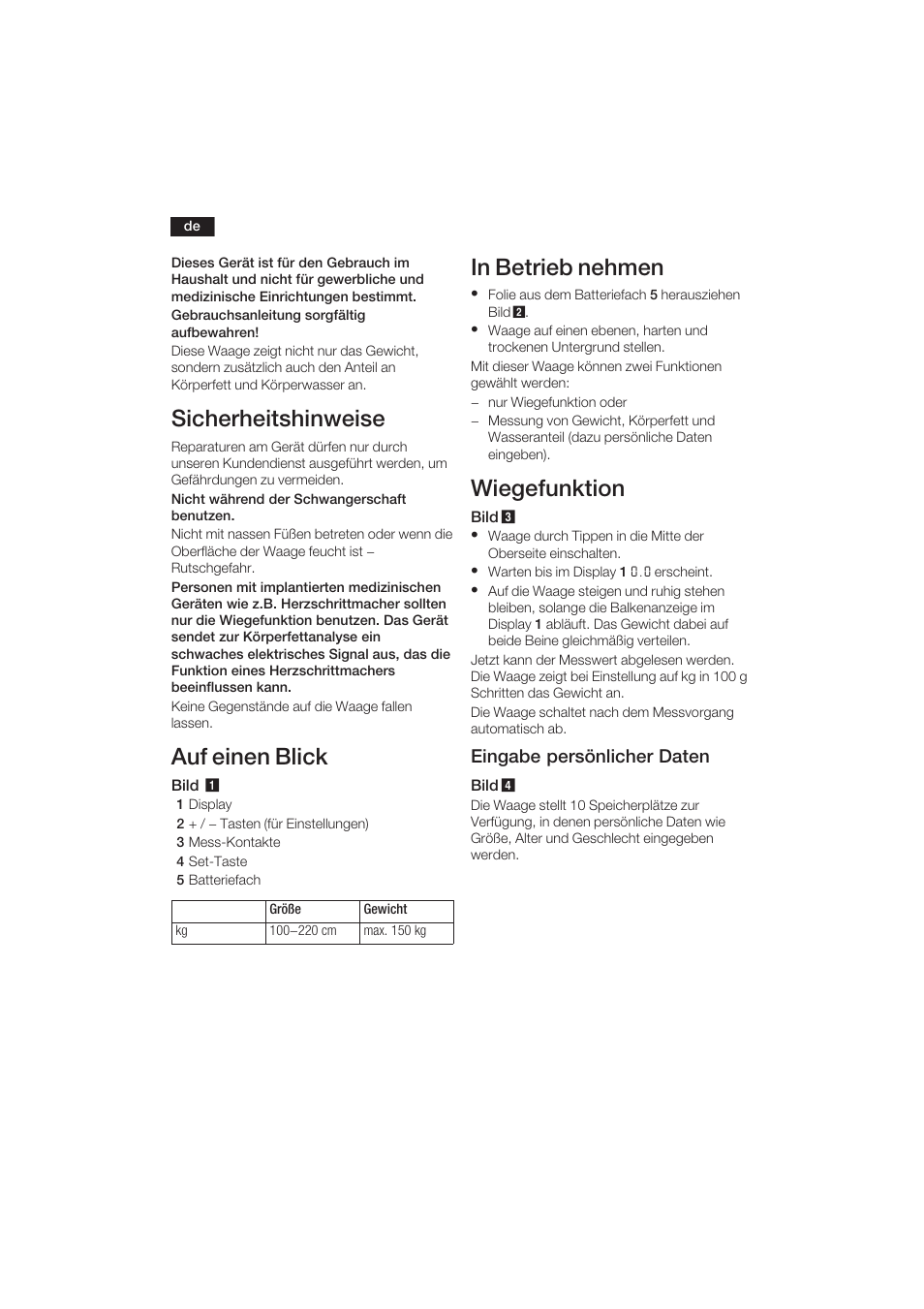 Sicherheitshinweise, Auf einen blick, Wiegefunktion | Eingabe persönlicher daten | Bosch PPW3120 Analysewaage elektronisch axxence easy coach User Manual | Page 3 / 77