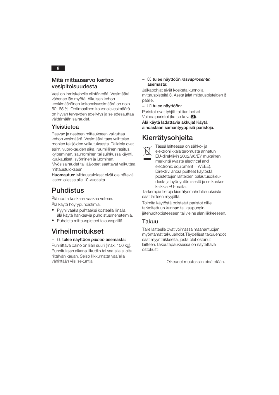 Puhdistus, Virheilmoitukset, Kierrätysohjeita | 34 mitä mittausarvo kertoo vesipitoisuudesta, Yleistietoa, Takuu | Bosch PPW3120 Analysewaage elektronisch axxence easy coach User Manual | Page 35 / 77