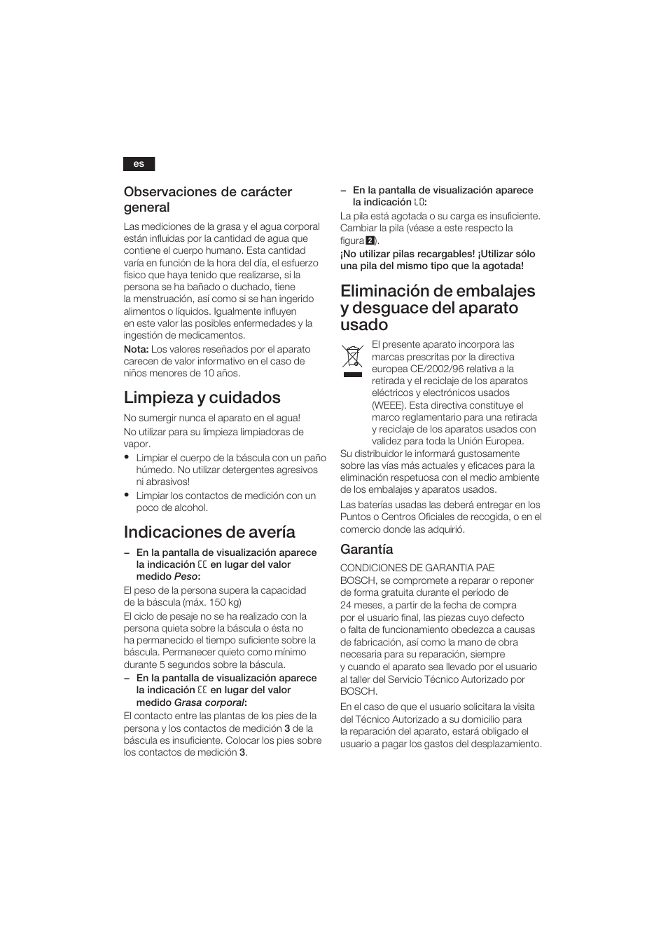 Limpieza y cuidados, Indicaciones de avería, 38 observaciones de carácter general | Garantía | Bosch PPW3120 Analysewaage elektronisch axxence easy coach User Manual | Page 39 / 77