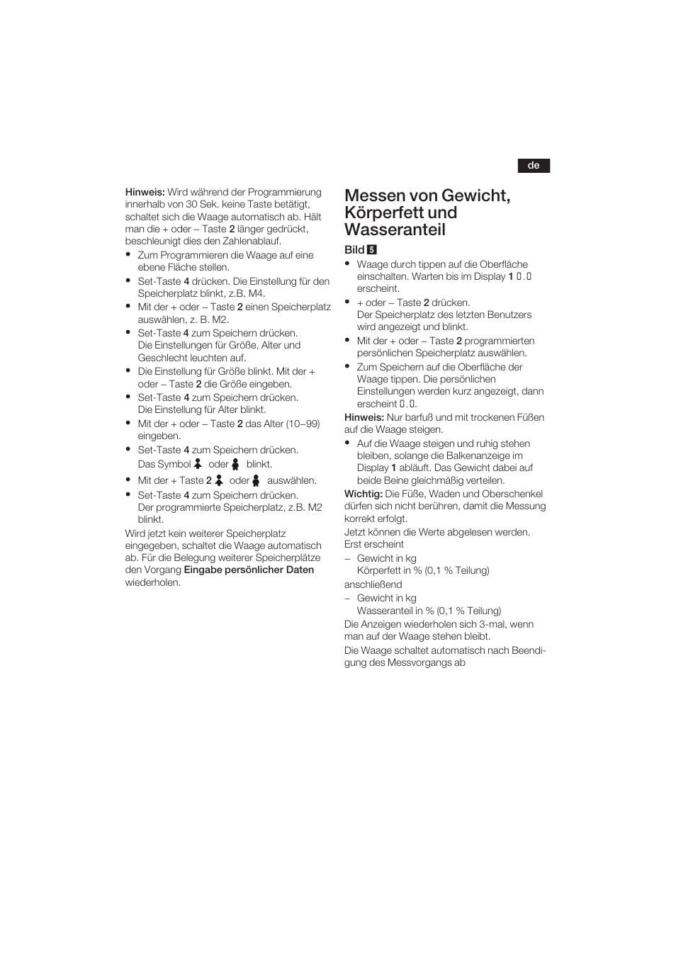 Messen von gewicht, körperfett und wasseranteil | Bosch PPW3120 Analysewaage elektronisch axxence easy coach User Manual | Page 4 / 77