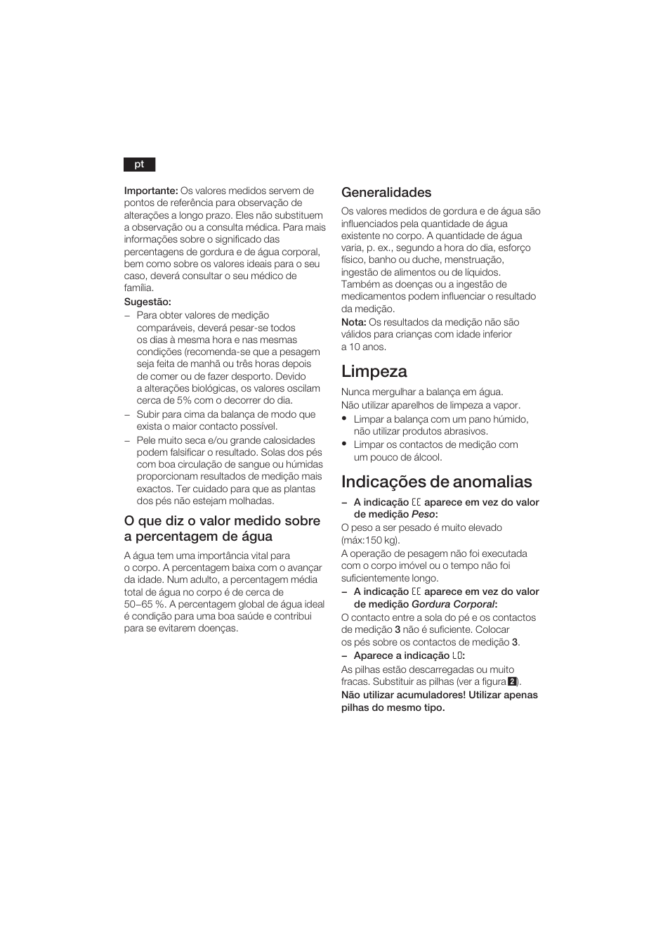 Limpeza, Indicações de anomalias, Generalidades | Bosch PPW3120 Analysewaage elektronisch axxence easy coach User Manual | Page 43 / 77