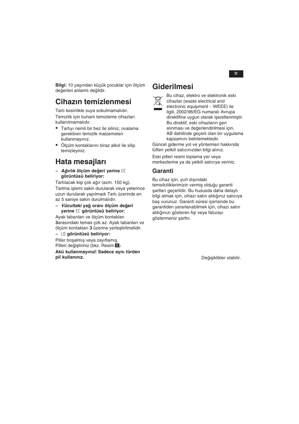 Cihazn temizlenmesi, Hata mesajlar, Giderilmesi | Garanti | Bosch PPW3120 Analysewaage elektronisch axxence easy coach User Manual | Page 52 / 77