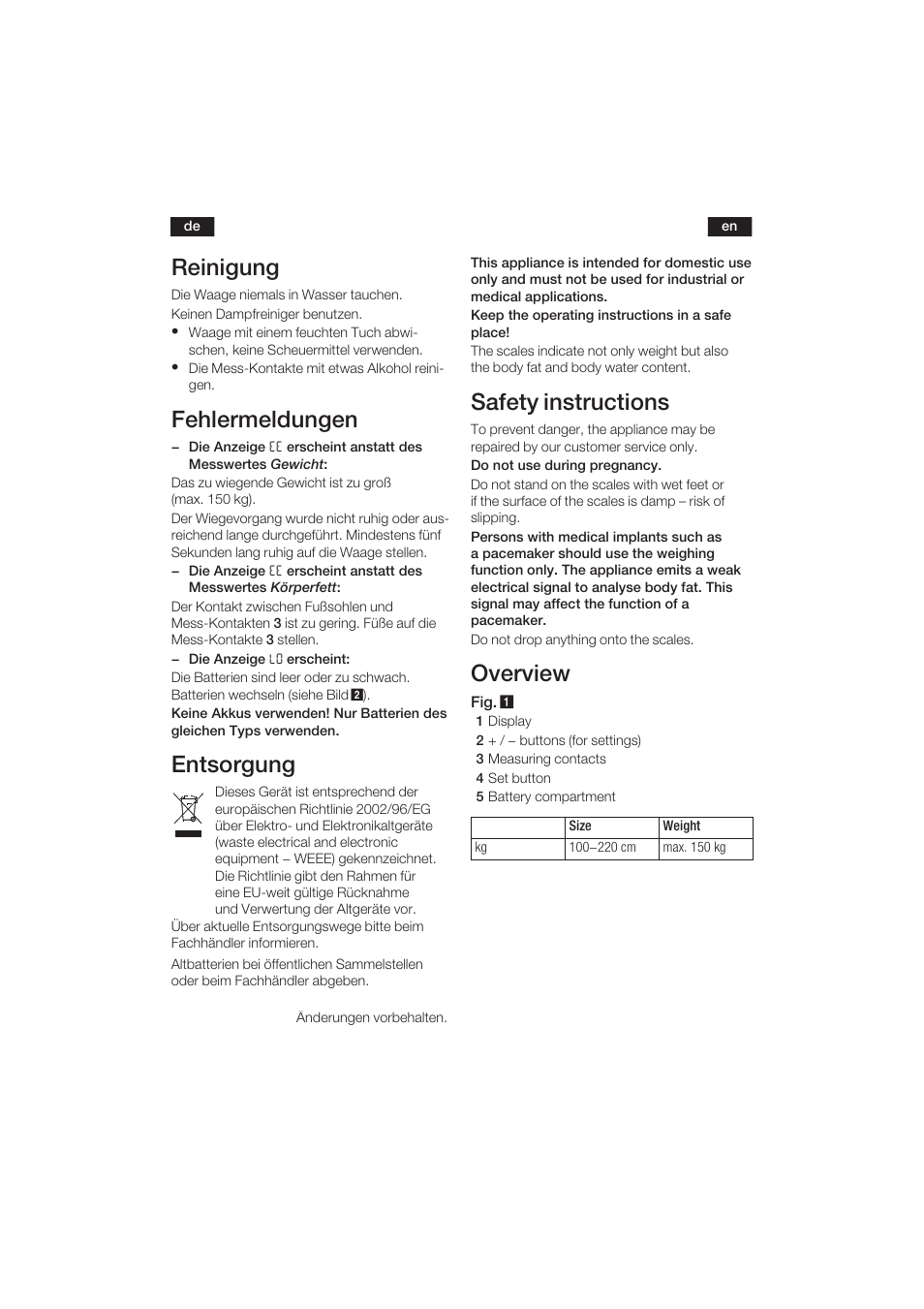 Reinigung, Fehlermeldungen, Entsorgung | Safety instructions, Overview | Bosch PPW3120 Analysewaage elektronisch axxence easy coach User Manual | Page 6 / 77