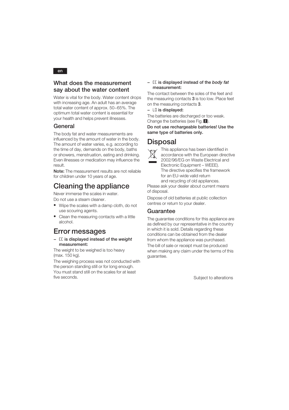 Cleaning the appliance, Error messages, Disposal | General, Guarantee | Bosch PPW3120 Analysewaage elektronisch axxence easy coach User Manual | Page 9 / 77