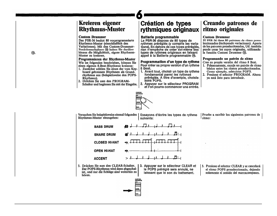 Creating original rhythm, Patterns (custom drummer), Creating original rhythm patterns | Yamaha PSR-36 User Manual | Page 12 / 28