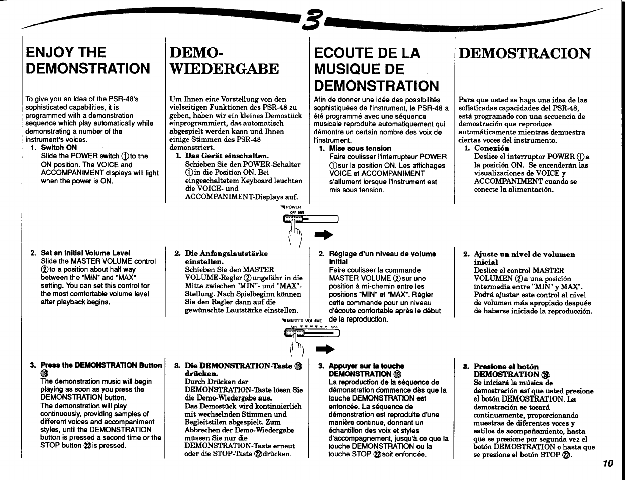 Enjoy the demonstration, Switch on, Set an initial volume level | Press the demonstration button, Demo, Wiedergabe, Ecoute de la musique de demonstration, Mise sous tension, Réglage d'un niveau de volume initial, Appuyer sur la touche demonstration | Yamaha PSR-48 User Manual | Page 11 / 45