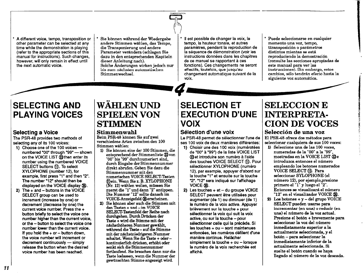 Selecting a voice, Sélection d'une voix, Sélection d’une voix | Wahlen und spielen von stimmen, Seleccion e interpreta­ cion de voces, Selecting and playing voices, Selection et execution d'une voix | Yamaha PSR-48 User Manual | Page 12 / 45