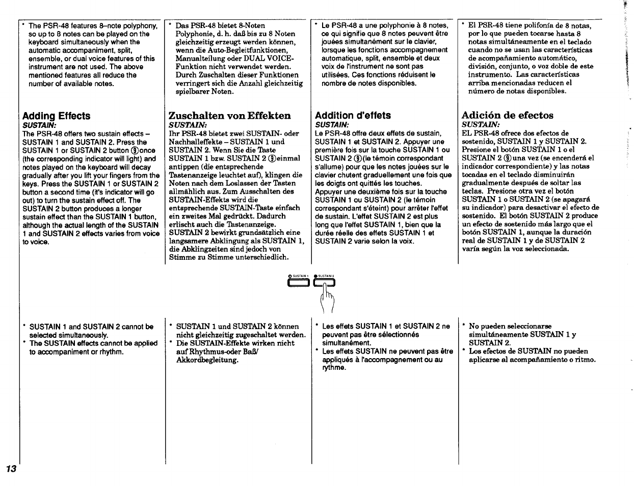 Adding effects, Zuschalten von effekten, Addition d'effets | Adición de efectos | Yamaha PSR-48 User Manual | Page 14 / 45