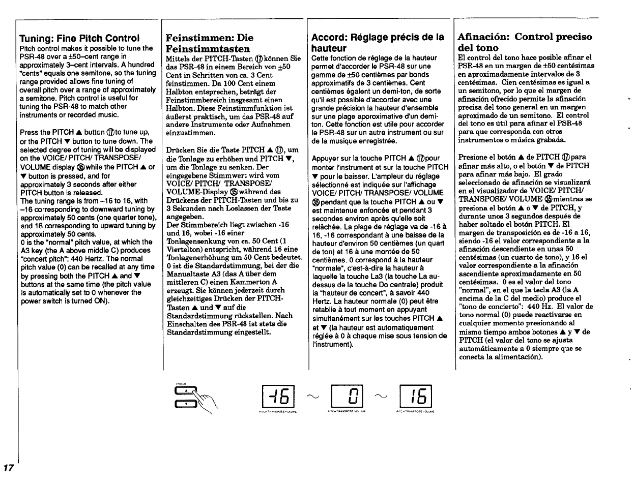 Tuning: fine pitch controi, Feinstimmen: die feinstimmtasten, Accord: réglage précis de la hauteur | Afinación: control precìso del tono, Tuning: fine pitch control | Yamaha PSR-48 User Manual | Page 18 / 45