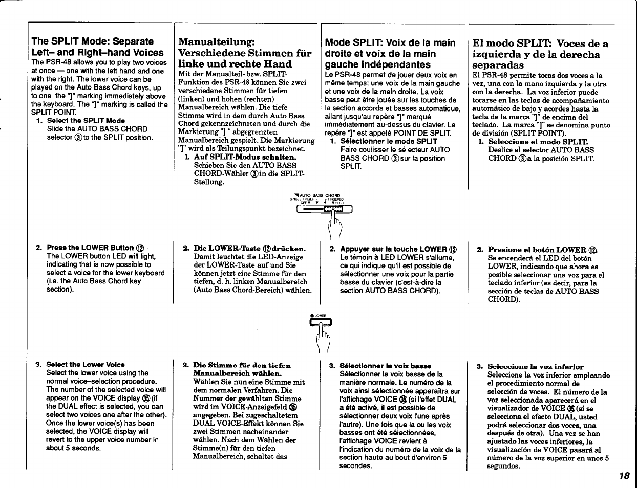 Press the lower button, Select the lower voice, Appuyer sur la touche lower | Sélectionner la voix basse, The split mode: separate left, And right-hand voices, Mode split: voix de la main, Droite et voix de la main gauche indépendantes | Yamaha PSR-48 User Manual | Page 19 / 45