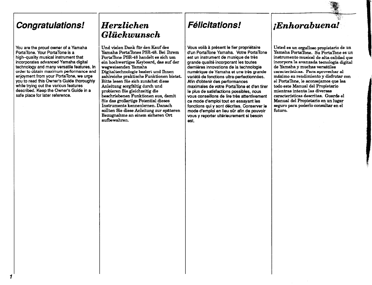 Herzlichen glück wünsch, Enhorabuena, Félicitations | Yamaha PSR-48 User Manual | Page 2 / 45