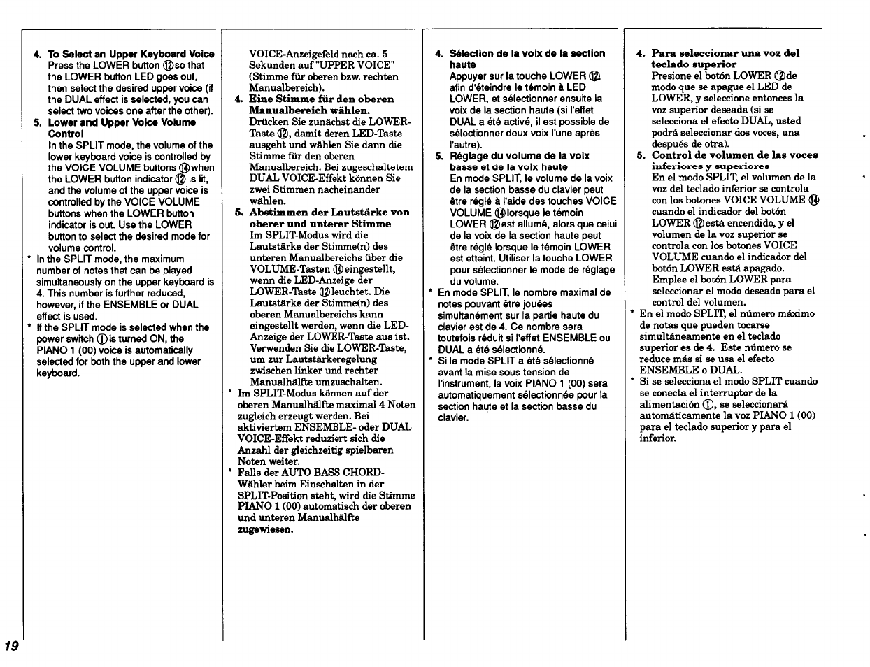 To select an upper keyboard voice, Lower and upper voice volume control, Sélection de la voix de la section haute | Yamaha PSR-48 User Manual | Page 20 / 45