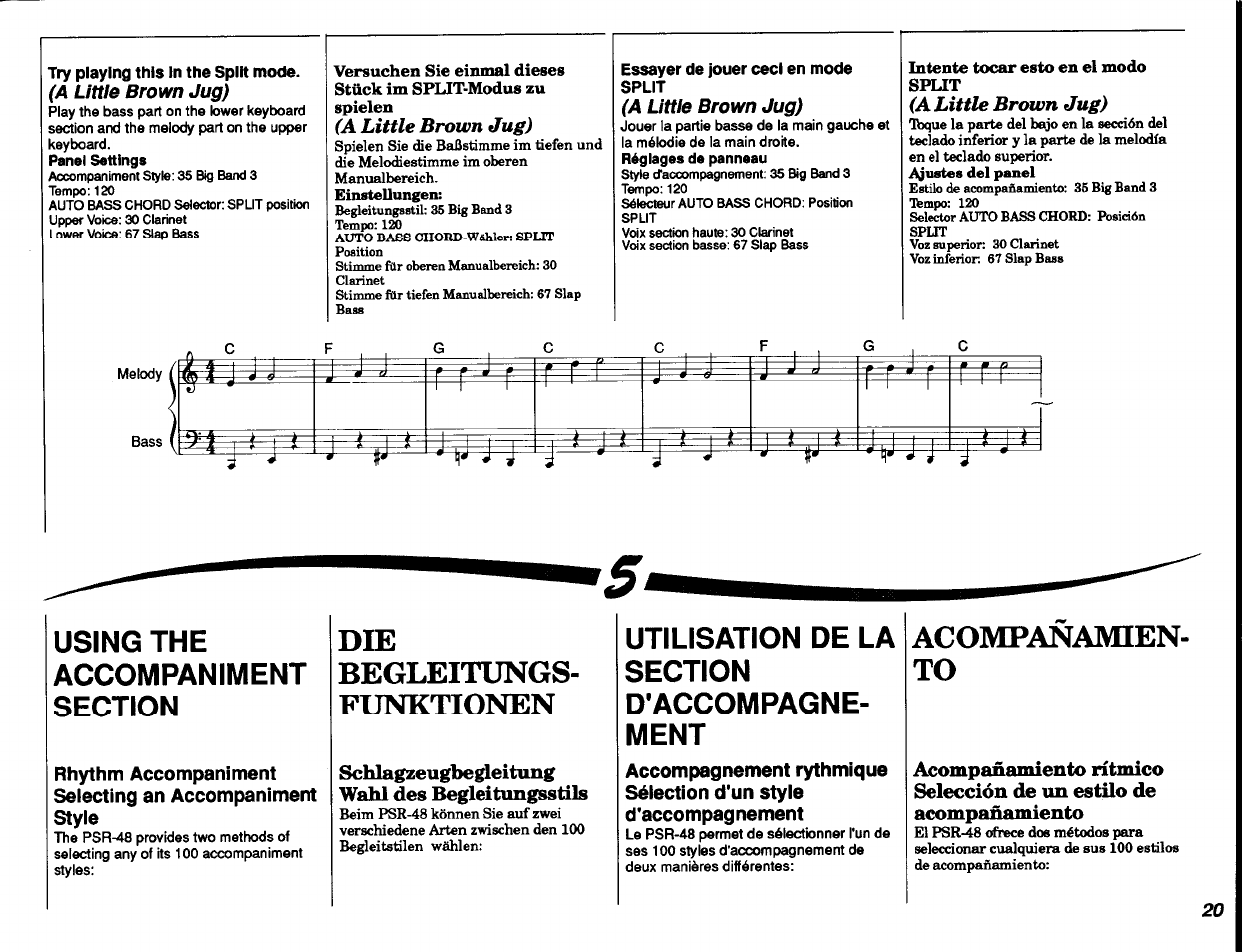 Acompanamien, Begleitungs, Funktionen | Acompanamien to, Using the, Utilisation de la accompaniment, D'accompagne­ ment, A little brown jug) | Yamaha PSR-48 User Manual | Page 21 / 45