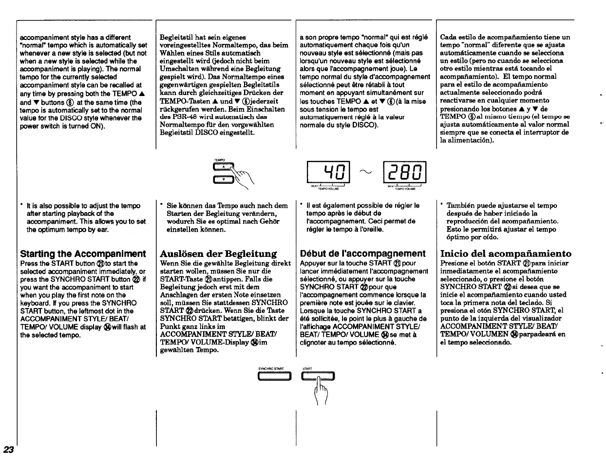 Starting the accompaniment, Auslösen der begleitung, Début de l'accompagnement | Inicio del acompañamiento | Yamaha PSR-48 User Manual | Page 24 / 45