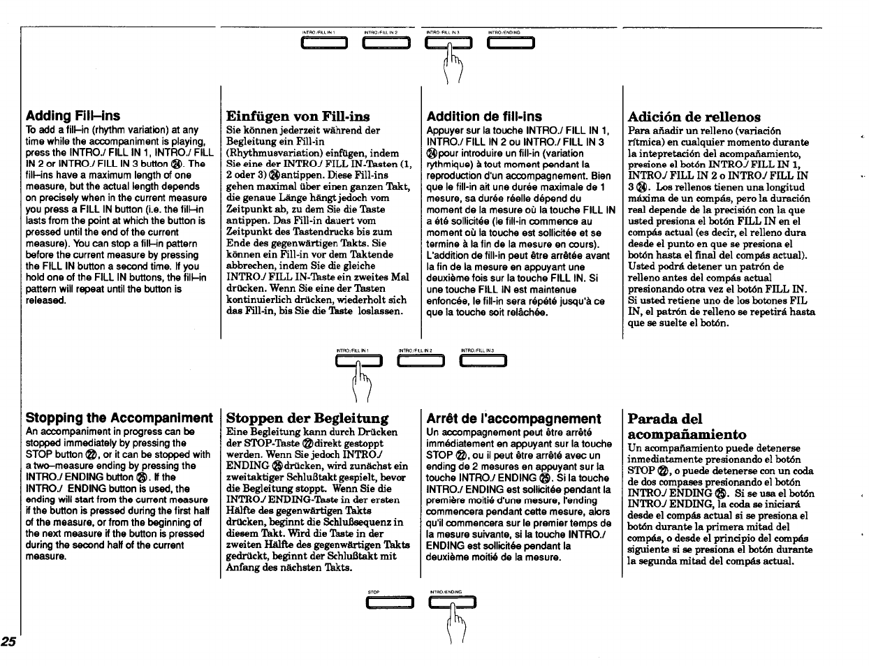 Adding fill-ins, Stopping the accompaniment, Einfügen von fill-ins | Addition de fiii-ins, Stoppen der begleitung, Arrêt de l'accompagnement, Adición de rellenos, Parada del acompañamiento, Einfügen von fill-ins stoppen der begleitung, Addition de fill-ins arrêt de l'accompagnement | Yamaha PSR-48 User Manual | Page 26 / 45