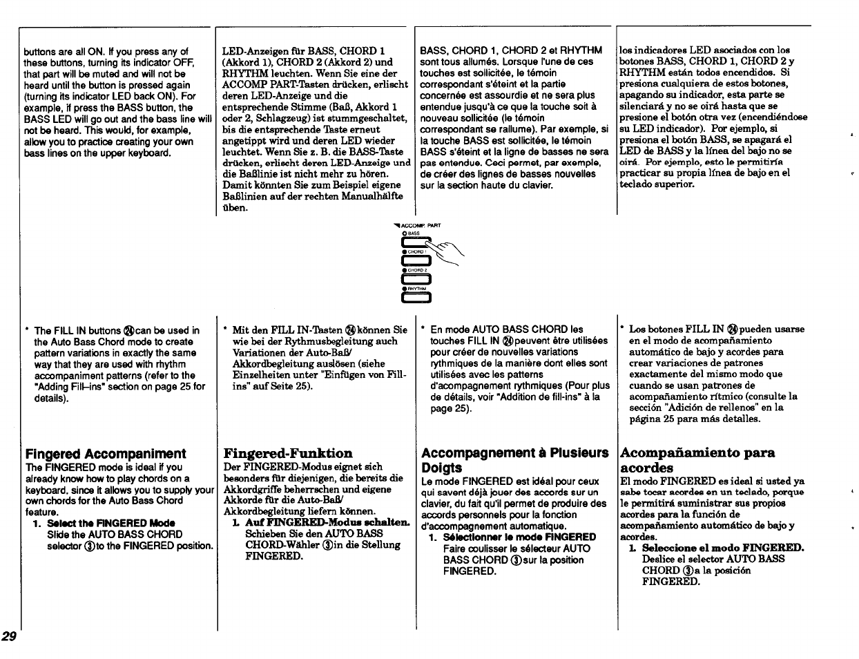 Fingered accompaniment, Select the rngered mode, Fingered-funktion | Accompagnement à plusieurs doigts, Acompañamiento para acordes | Yamaha PSR-48 User Manual | Page 30 / 45