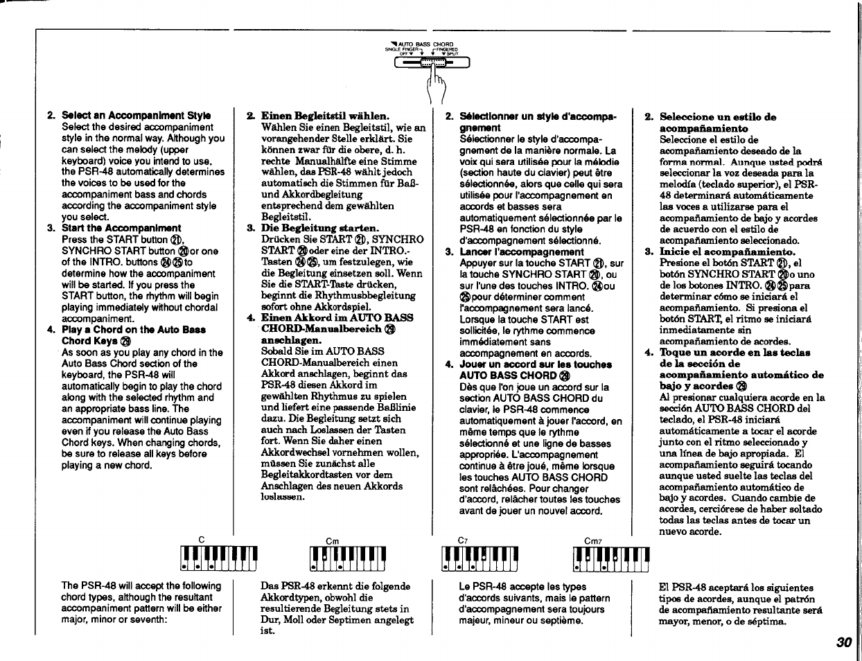 Select an accompaniment style, Start the accompaniment, Play a chord on the auto bass chord keys | Sélectionner un style d'accompa- gnenient, Jouer un accord sur les touches auto bass chord, Mm mm mm | Yamaha PSR-48 User Manual | Page 31 / 45