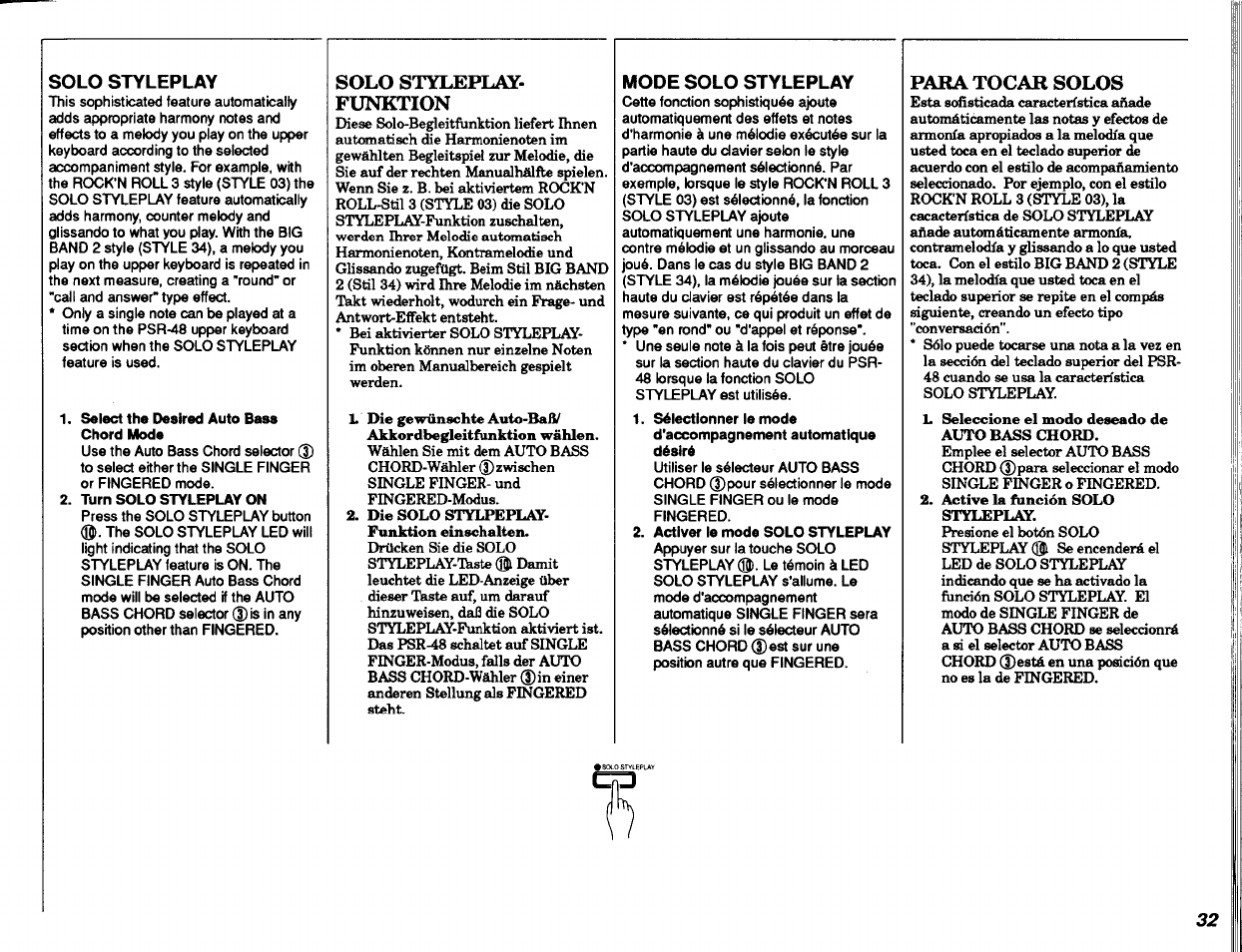 Solo styleplay, Solo styleplay- funktion, Mode solo styleplay | Para tocar solos, Soto styleplay | Yamaha PSR-48 User Manual | Page 33 / 45