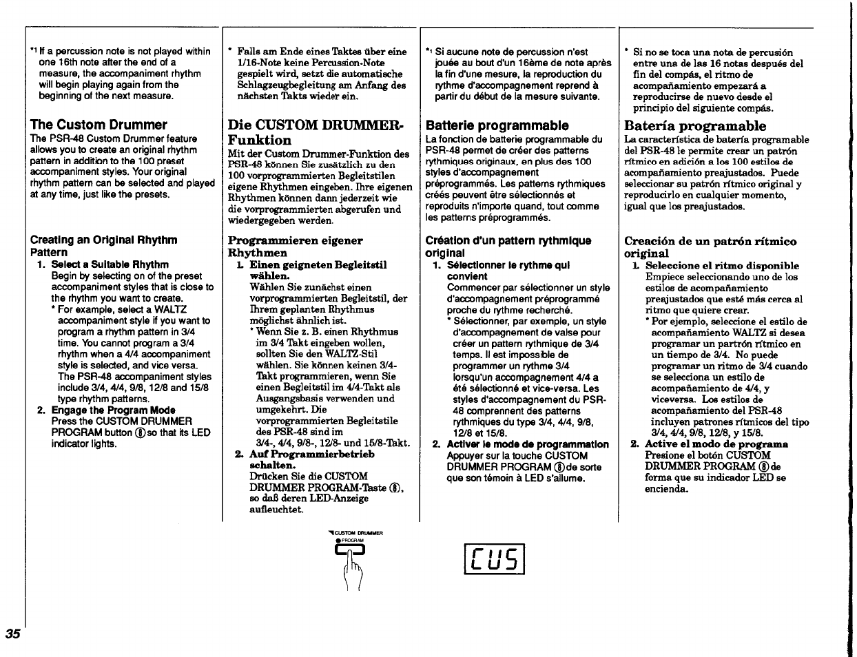 The custom drummer, Die custom drummer^ funktion, Batterie programmable | R lie, L u b, Batería programable | Yamaha PSR-48 User Manual | Page 36 / 45