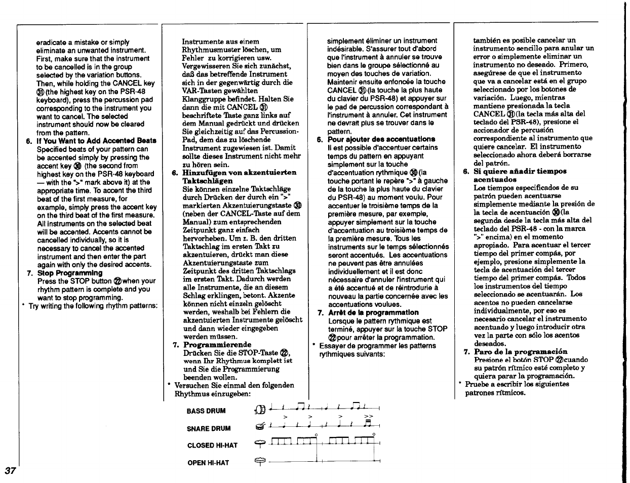 If you want to add accented beats, Stop programming, Pour ajouter des accentuations | Yamaha PSR-48 User Manual | Page 38 / 45