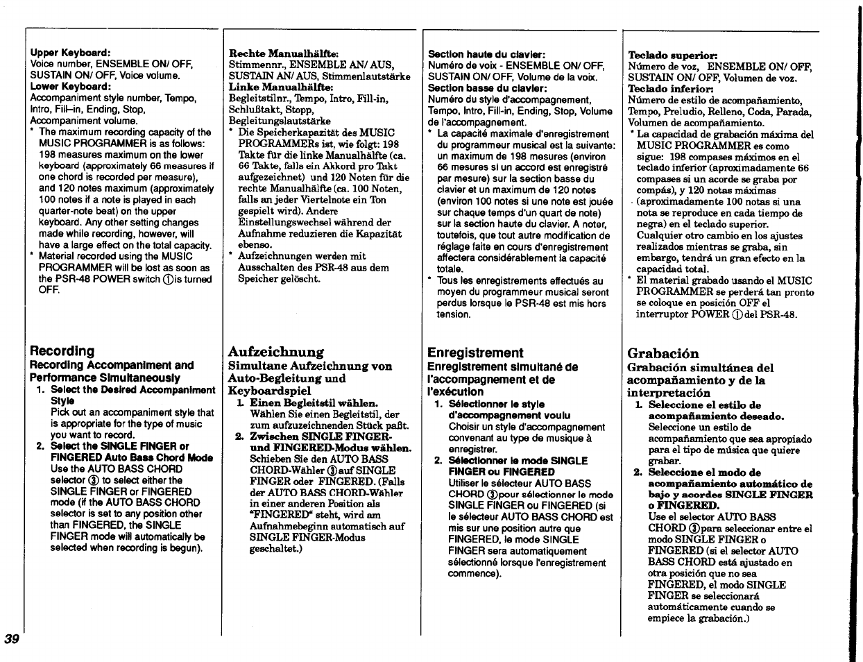 Recording, Aufzeichnung, Grabación | Yamaha PSR-48 User Manual | Page 40 / 45