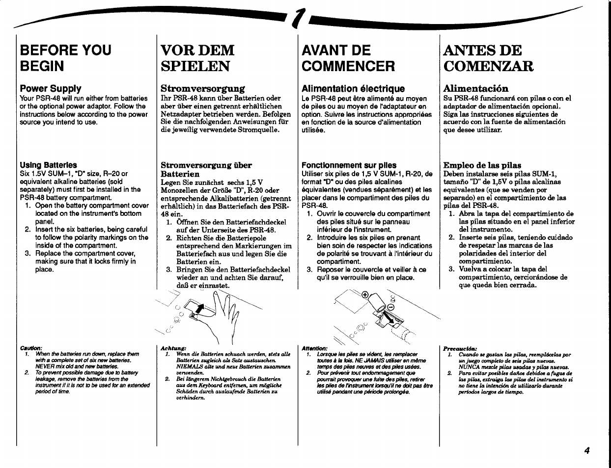 Before you begin, Power supply, Vor dem spielen | Stromversorgung, Stromversorgung über batterien, Avant de commencer, Alimentation électrique, Antes de comenzar, Alimentación, Empleo de las pilas | Yamaha PSR-48 User Manual | Page 5 / 45