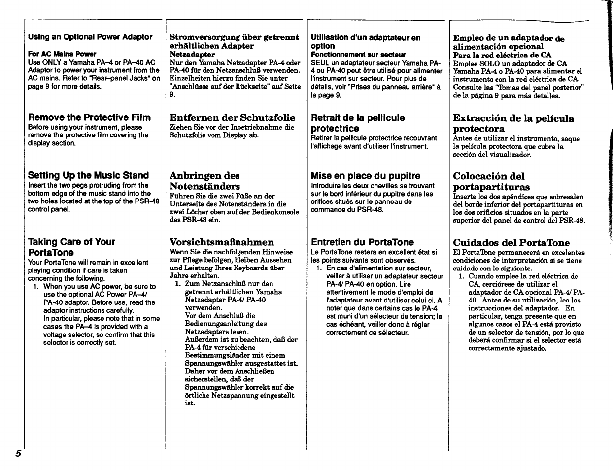 Remove the protective film, Setting up the music stand, Taking care of your portatone | Entfernen der schutzfolie, Anbringen des notenständers, Vorsichtsmaßnahmen, Retrait de la pellicule protectrice, Mise en place du pupitre, Entretien du portatone, Extracción de la película protectora | Yamaha PSR-48 User Manual | Page 6 / 45