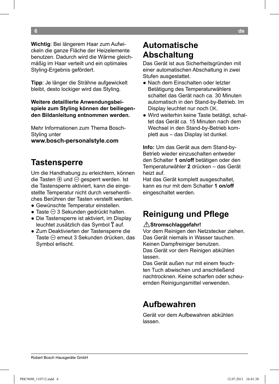 Tastensperre, Automatische abschaltung, Reinigung und plege | Aufbewahren | Bosch PHC9690 Lockenformer ProSalon G-curler User Manual | Page 10 / 120